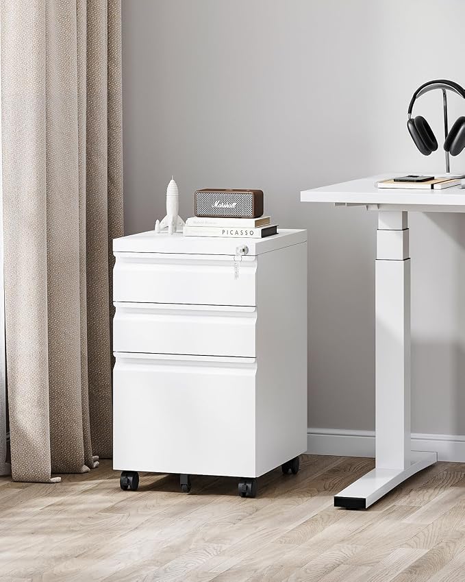 PEUKC 3 Drawer Metal Under Desk Rolling File Cabinet, Lockable, Fits Letter/Legal/A4 Size, White, Home Office