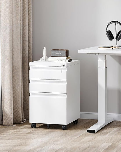 PEUKC 3 Drawer Metal Under Desk Rolling File Cabinet, Lockable, Fits Letter/Legal/A4 Size, White, Home Office