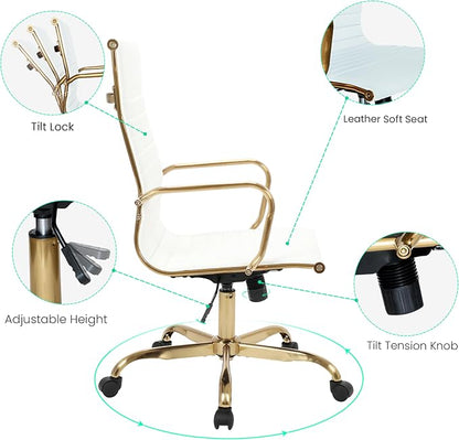 LeisureMod Harris High-Back Task Office Chair - Modern Leather Upholstery with Gold Frame, Ribbed Design 360 Degree Adjustable Swivel for Home, Office, and Study Room