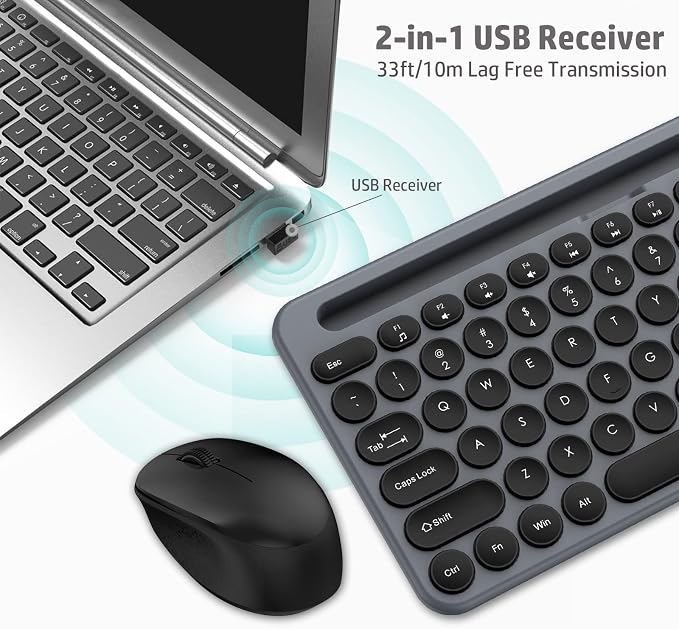 LeadsaiL Wireless Keyboard and Mouse Combo, Full-Sized Ergonomic Computer Keyboard with Phone Tablet Holder, 2.4GHz Silent Cordless Keyboard Mouse Set for Windows Laptop, PC, Desktop - Grey