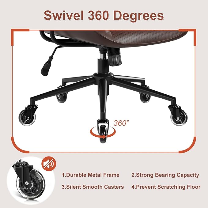 BFZ Home Office Desk Chair, Adjustable Comfy Office Chair with Wheels,Leather Office Chair with Removable Armrests, Office Desk Chair with Lumbar Support for Home Office or Workspace, Dark Brown