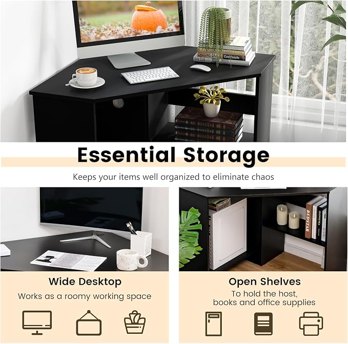 GOFLAME Corner Desk with Storage Shelves, Triangular Computer Desk with Cable Management Holes, Laptop Workstation for Small Space, Makeup Vanity Desk for Living Room, Study, Black