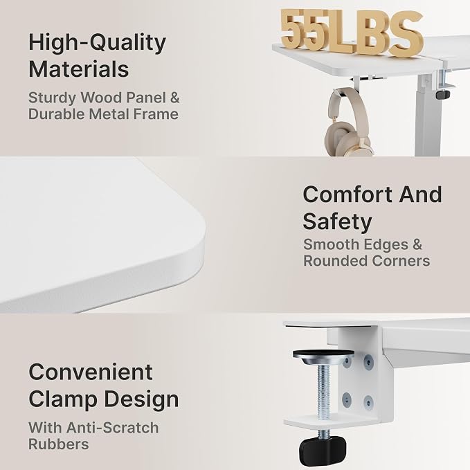 PEGZONE Desk Extender Tray, 24" x 12", with Laptop Holder, Medium, White | Desk Extension, Clamp on Desk Shelf, Clamp On Keyboard Tray for Office and Home, Workstation Organizer