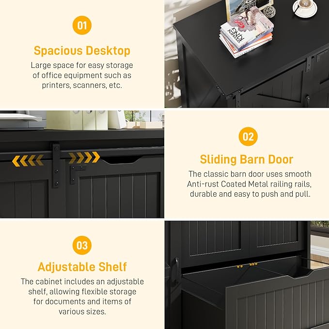 Halitaa 47.8” Farmhouse Lateral File Cabinet with Sliding Barn Door, 3 Drawers Filing Storage Cabinets with Adjustable Shelf, Office Printer Stand for Hanging Files Letter/Legal/A4/F4.Pure Black