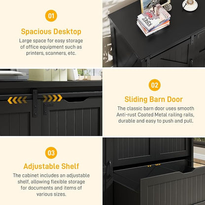 Halitaa 47.8” Farmhouse Lateral File Cabinet with Sliding Barn Door, 3 Drawers Filing Storage Cabinets with Adjustable Shelf, Office Printer Stand for Hanging Files Letter/Legal/A4/F4.Pure Black