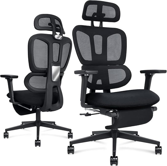 Ergonomic Mesh Office Chair with Retractable Footrest - High Back Computer Chair with Lumbar Support, Adjustable Armrests and Headrest - Adult Multifunctional Home Office Chair, Black