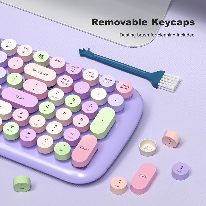 Wireless Keyboard and Mouse Combo, 2.4GHz Wireless Retro Keyboard and Mouse for PC/Laptop/Desktop/Windows (Purple Colorful)