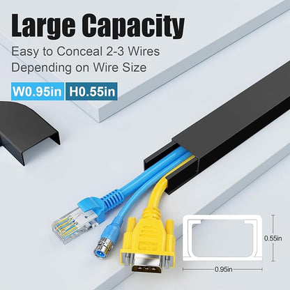 Yecaye Cord Hider, 113in Medium Cord Covers for Wires on Wall, Cord Organizer for 2-3 Wires, Easy Install Cable Management Kit, TV Cable Hider for Home Office, W0.95in H0.55in, Black