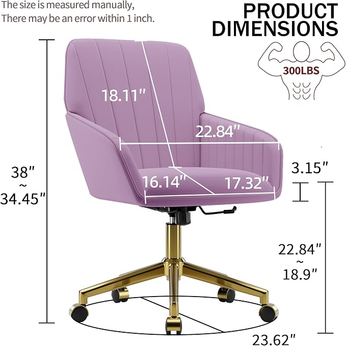 YISHENG Velvet Office Desk Chair with Gold Base, with Wheels,Modern Height Adjustable 360 Degree Swivel Upholstered Vanity Chairs with Arms for Living Room Bedroom,Purple