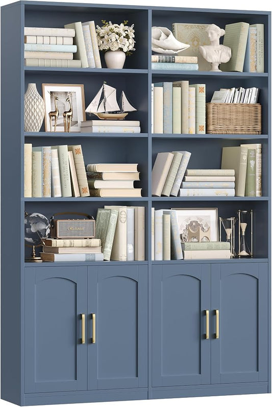 FACBOTALL Bookshelf and Bookcase with Doors, 6 Tier Double Wide Large Bookshelves, Open Display Shelves, 73'' Tall Bookshelf with Storage Cabinets for Home Office, Living Room, Library, Blue