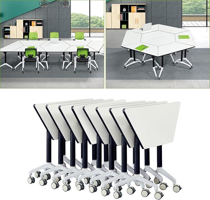 Mobile Conference Room Table 8 Pack,Folding Trapezoidal Conference Table,Splicing Flip Top Mobile Training Meeting Tables with Wheels, Modular Conference Tables Foldable Seminar Table for Office