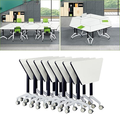 Mobile Conference Room Table 8 Pack,Folding Trapezoidal Conference Table,Splicing Flip Top Mobile Training Meeting Tables with Wheels, Modular Conference Tables Foldable Seminar Table for Office