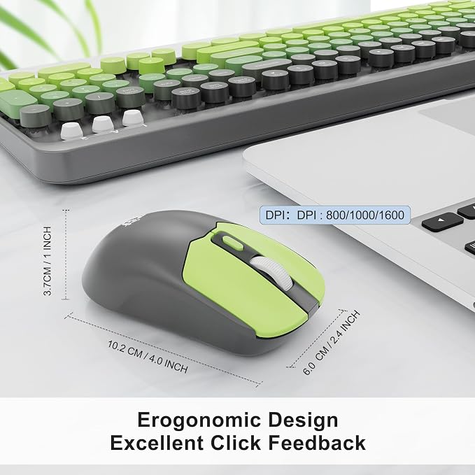 FD Wireless Keyboard and Mouse Combo | Cute Colorful Keyboard and Mouse with 2.4GHz Cordless Retro Typewriter Keyboard | Auto-Sleep | USB Receiver for Windows PC/Laptop - Grey Green Gradient