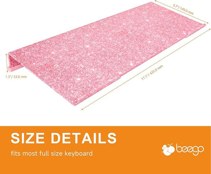 BEEGO Ergonomic Computer Keyboard Stand - Glitter Pink Acrylic Keyboard Riser Tilted Keyboard Holder Keyboard Tray with Pink Non-Slip Strip for Easy Typing at Home School Office Desk Accessories