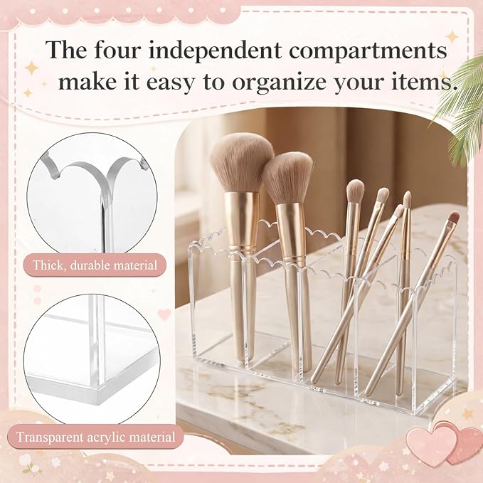 Scalloped Acrylic Pencil Holder for Desk, Clear Pen Organizer with 4 Compartments, Marker Makeup Brush Holder Remote Caddy for Home, Office, Bathroom, Classroom, Table