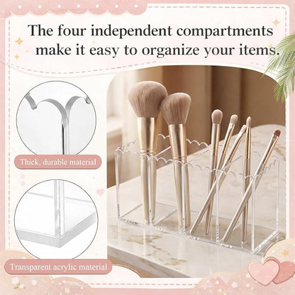 Scalloped Acrylic Pencil Holder for Desk, Clear Pen Organizer with 4 Compartments, Marker Makeup Brush Holder Remote Caddy for Home, Office, Bathroom, Classroom, Table