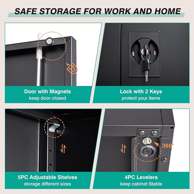 SISESOL Wide & Deep Metal Storage Cabinet with Lock & 5 Shelves,72" Black Garage Storage Cabinet with Locking Doors,Lockable Cabinets for Home,Office,Garage,Shop,Basement 72x36x18