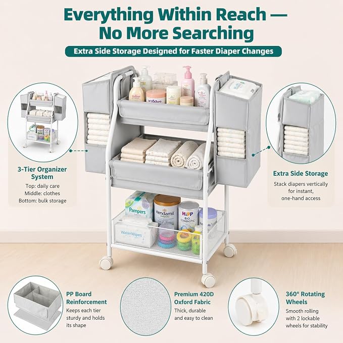 Moteph Rolling Utility Cart with Side Storage, 3-Tier Diaper Cart & Baby Caddy Organizer for Nursery Essentials, Bedside/Postpartum Nursing Cart, Craft & Art Storage Organizer, Rolling Book Cart