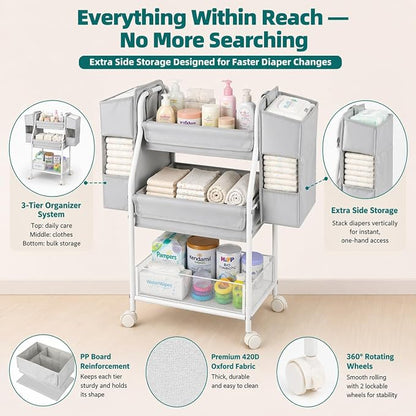 Moteph Rolling Utility Cart with Side Storage, 3-Tier Diaper Cart & Baby Caddy Organizer for Nursery Essentials, Bedside/Postpartum Nursing Cart, Craft & Art Storage Organizer, Rolling Book Cart