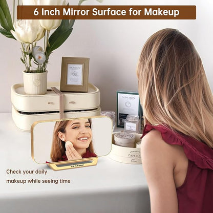 Peakeep Slim Digital Mirror Aesthetic Alarm Clock for Bedrooms Desk Decor - Plug in Electric Big LED Modern Small Clock for Office Living Room, Battery Backup, 6 Dimmers (Gold)