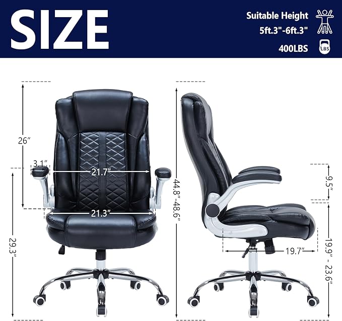 400lbs Executive Office Chair with Flip-Up Armrests, Big and Tall Computer Chair for Heavy People, Heavy Duty Ergonomic Comfy Chair, Breathable PU Leather (Black)