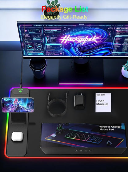 Wireless Charging Mouse Pad with Magnetic Phone Stand, 31.5"x15.8" Large | Gaming Mousepad RGB Desk Mat, Smooth Glide, Stitched Edge, Non-Slip Rubber Base, Waterproof Keyboard Mat, with Adatper