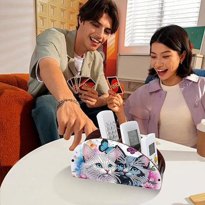 DIY Diamond Painting Storage Box Couple Cats, Handmade 5D Diamond Art Case Multi-Compartment Wooden Desktop Organizer for TV AC Remotes Makeup Brushes Pens Tabletop Holder, Valentine's Day Gift