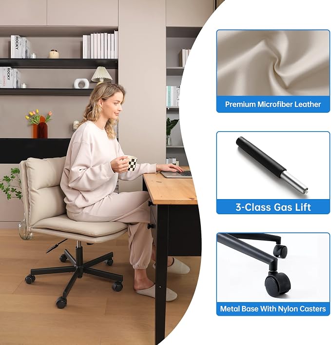 EMIAH Criss Cross Chair with Wheels Home Office Desk Chairs PU-Padded Vanity Chair Mid-Back Ergonomic Computer Chair Comfortable Adjustable Swivel Desk Chair Comfy