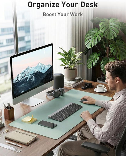 Aothia Faux Leather Desk Mat - Non-Slip PU Leather Desk Blotter, Waterproof Writing Surface, Large Desk Pad for Office & Home (Light Blue, 55" x 24")