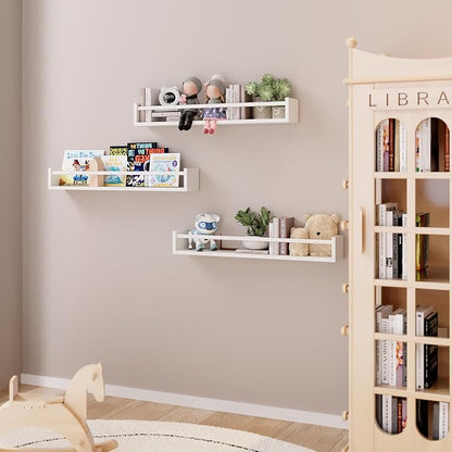 Fixwal Nursery Book Shelves, 23.6 Inch Floating Bookshelf for Wall, Set of 3, Nursery Decor, Solid Wood Wall Mounted Shelves for Books, Toys and Decor Storage (White)