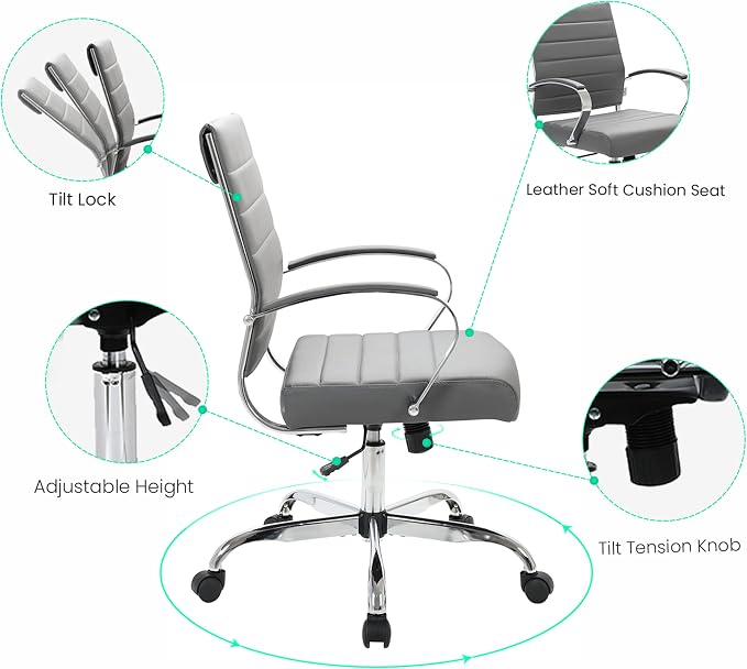 LeisureMod Benmar Leather Office Desk Chair, Mid-Back Ergonomic Swivel Chair with Lumbar Support, Adjustable Height, Tilt Lock, Cushioned Seat & Back, Home Office Task Chair (Grey, Single)