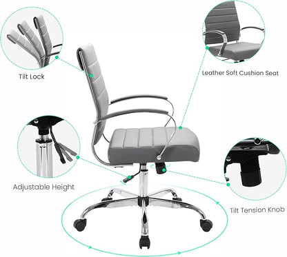 LeisureMod Benmar Leather Office Desk Chair, Mid-Back Ergonomic Swivel Chair with Lumbar Support, Adjustable Height, Tilt Lock, Cushioned Seat & Back, Home Office Task Chair (Grey, Single)