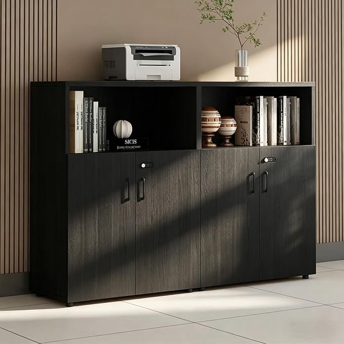 File Cabinet with Password Lock, Wood Lateral Filing Cabinet for Letter/A4 Files, 3 Drawer with Door, Printer Stand with Open Shelves for Home Office