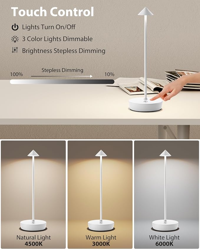 Cordless Table Lamps Rechargeable, 6000mAh Battery Operated LED Desk Lamp Outdoor Waterproof Portable Touch Dimmable Table Night Light for Patio Restaurant Dining Home Set of 2 White