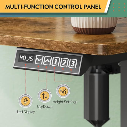 DEVAISE 55 Inch Electric Standing Desk with Shelf, Adjustable Computer Desk for Home Office, with LED Touchscreen，Headphone Hook, 3 Memory Preset, with One-Piece Desktop, Rustic Brown