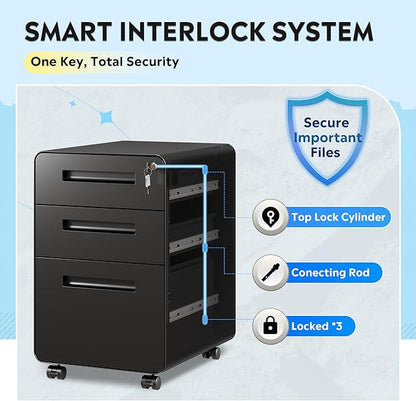 DEVAISE 3 Drawer Mobile File Cabinet, Under Desk Metal Filing Cabinet with Lock for Home Office, Office File Cabinet fits Letter/Legal Size, Pre-Assembly, Black