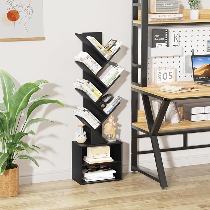 SHEEPAM 10 Tier Tree Bookshelf,Floor Standing Wood Tall Bookcase for Narrow Space, Storage Organizer Bookshelves for Books, Book Case for CDs/Movies/Books,Home Office,Living Room, Bedroom