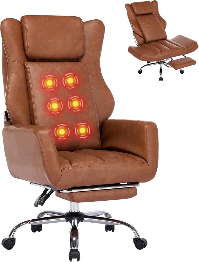 DYHOME Brown Leather Office Chair Cross Legged Sitting with Massage and Footrest, Heavy Duty Desk Chairs, Swivel Ergonomic Computer Gaming Chairs with Lumbar Support, Wheels Flip-up Arms Adjustable