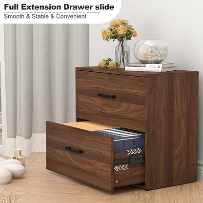 2 Drawer File Cabinet, Wood Lateral Filing Cabinets, Wide Office File Cabinet with Drawer for Hanging Files/Letter Size Printer Stand for Home Office School, Assembly Required, Walnut