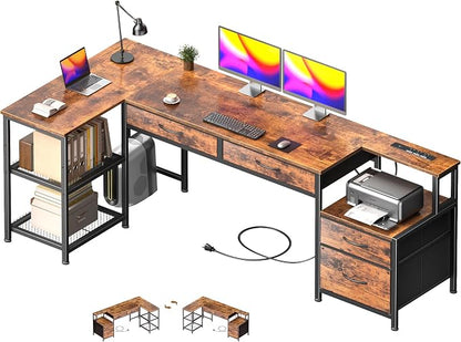 Korfile 65 Inch L Shaped Computer Desk with Power Outlets, Reversible Home Office Desk with 4 Fabric Drawers & 2 Adjustable Mesh Shelves, Corner Study Work Desk with Larger Storage, Rustic Brown