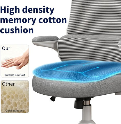 Ergonomic Office Chair - Desk Chair with Adjustable Headrest Lumbar Support Computer Chair - Mesh Comfy Chair with Flip-up Armrests - Gaming Chairs for Adults Home Office (White+Gray)
