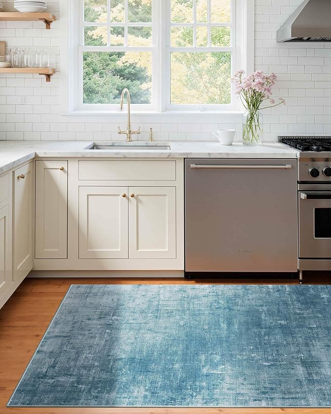 Latte&Fog 3x5 Entryway Rug Indoor, Modern Abstract Washable Area Rug, Boho Non Slip Low Pile Throw Carpet for Indoor Bedroom Bedside, Kitchen, Entry and Living Room - Blue