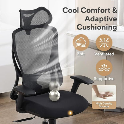 Nouhaus Apertura Ergonomic Office Chair, Home Office Desk Chairs w/Adjustable Lumbar Support & Headrest, Dynamic Back Support, 3D Armrests, High Back Mesh Comfy Computer Chair for Long Hours (Black)