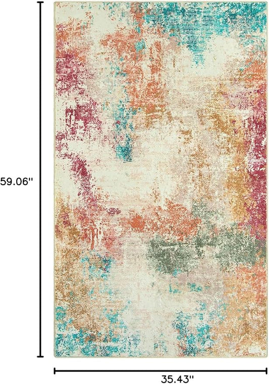 Lahome Abstract Kitchen Rugs Washable, 3x5 Ultra Thin Soft Small Area Rug for Living Room Non-Slip, Low-Pile Indoor Modern Colorful Bedroom Throw Carpet for Entryway Office Bathroom