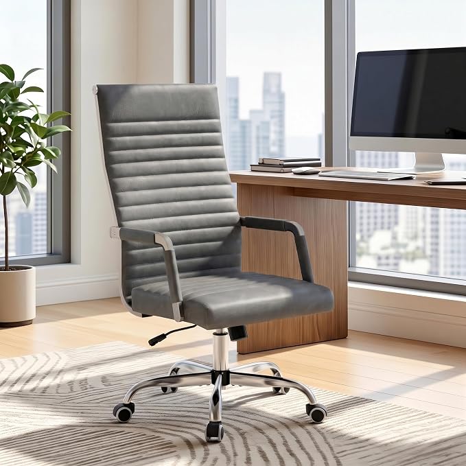 Furmax Ribbed Office Chair High Back PU Leather Executive Conference Chair Adjustable Swivel Chair with Arms (Bicolor Vintage Grey)