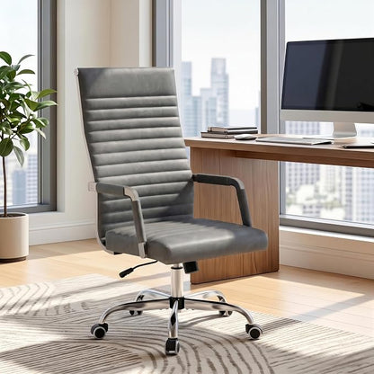 Furmax Ribbed Office Chair High Back PU Leather Executive Conference Chair Adjustable Swivel Chair with Arms (Bicolor Vintage Grey)