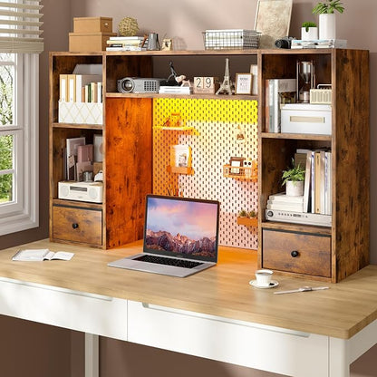REIBII Desktop Bookshelf with LED Lights,47.2" Desktop Organizer with 6 Shelves and 2 Drawers for Top of Desk,Multipurpose Desk Hutch Dorm with Adjustable Shelves for Home and Office,Rustic Brown