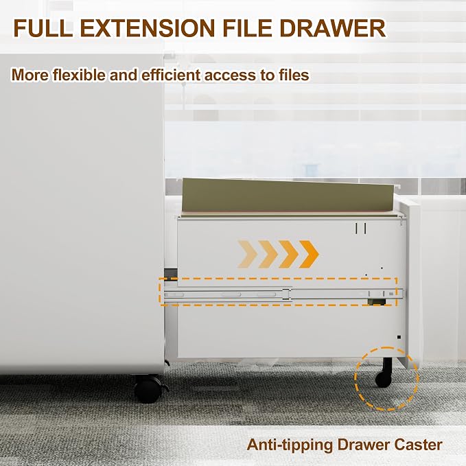 3 Drawer Mobile File Cabinet with Lock and 4 Keys, Small Vertical Metal Rolling Filing Cabinet Under Desk for Home Office Organizer Letters/Legal/A4 Hanging File Folders
