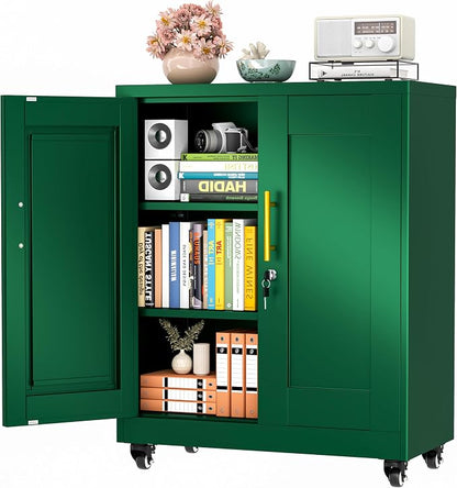 winiowa 36" Mobile Metal Storage Cabinet with Lock, Locking File Cabinet with 2 Adjustable Shelves & Wheels, Green Lockable Organizer for Home Office/Garage