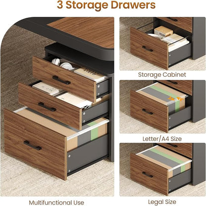 Itaar 70.9" Executive Desk, Large Computer Desk with Drawers and Lateral File Cabinet, Office Desk with Removable Shelves, Business Furniture Desk Workstation for Home Office, Brown